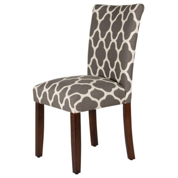 Dining Chair With Quatrefoil Pattern Fabric Upholstery, Gray & White, Set of 2