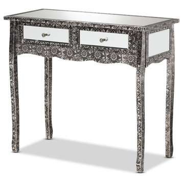 Unique Console Table, Floral Patterned Body & 2 Mirrored Storage Drawers, Silver