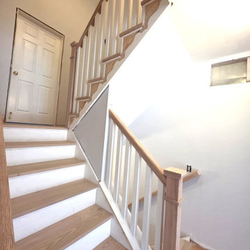 New Red Oak Stair Treads with White Risers and Custom All-Wood Railing