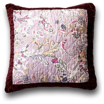 Set of 2 Bohemian Patchwork Burgundy Wine Velvet Floral Throw Pillow Covers, 18"