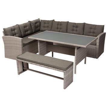 Evie Dark Gray Fabric and Gray Rattan 3-Piece Outdoor Patio Lounge Sofa Set