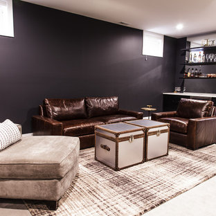 Photo of a medium sized farmhouse fully buried basement in Indianapolis with black walls, carpet, no fireplace and beige floors.