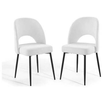 Set of 2 Dining Chair, Upholstered Fabric Seat & Rounded Open Back, White
