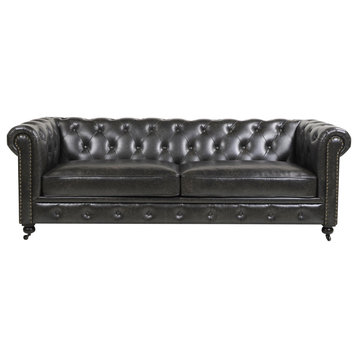 Winston Tufted Chesterfield Sofa, Vintage Black Vegan Leather
