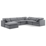 Meridian Furniture - Indulge Upholstered Modular U-Shaped Sectional, Grey, 7-Piece: 3 Armless Chair, 3 Corner Chair, 1 Ottoman, Down Stuffed Velvet - Experience ultimate comfort and style with our grey velvet Indulge Sectional. The luxurious velvet will elevate the aesthetic of any room. This sofa provides ample space for you to relax while its modular build offers the option of unlimited configurations. Whether you're looking to add a stylish element to your living room or a comfortable seating option to your bedroom, this sofa is the perfect choice.
