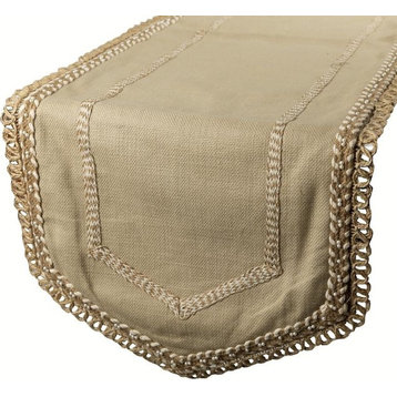 Jute Table Runner Jute Textured Fabric with Lace 14" x 36"-Jutish Touch