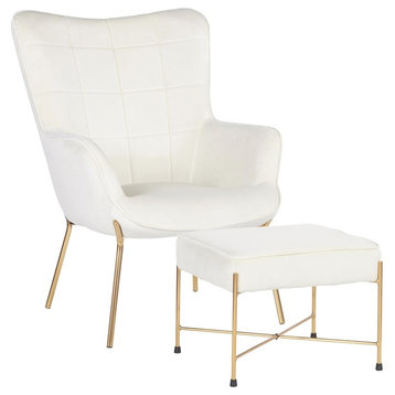 Izzy Contemporary Lounge Chair/Ottoman Set, Gold Metal/Cream Velvet Fabric