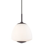 Mitzi by Hudson Valley Lighting - Jane 1-Light Small Pendant, Old Bronze - One way to think about Jane is as a contemporary spin on the schoolhouse tradition. These lights always had similarly-shaped white milk glass shades featuring the fluting and filigree of their age. Smoothing out these lines into a sophisticated simplicity, adding metal accents at base and holder, and completing the look with a fabric-covered cord, Jane updates the look for a feel that's effortlessly cool.