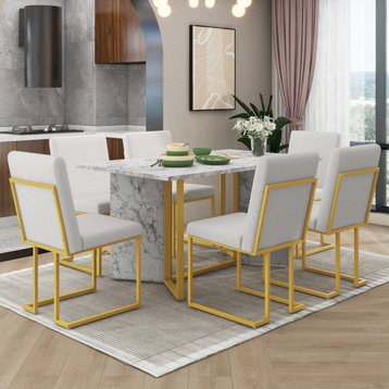 7-Piece Dining Table Set with Marble Sticker Tabletop & 6 Linen Chairs