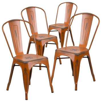 Distressed Orange Metal Indoor Stackable Chairs, Set of 4