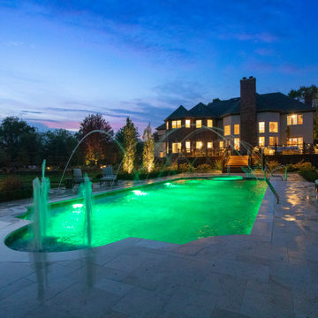 Barrington Hills, IL Scalloped Edge Pool with Round Hot Tub and Sunshelf