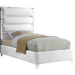 Meridian Furniture - Zuma Velvet Upholstered Bed, White, Twin - You'll fall fast and hard for the contemporary beauty of this Zuma White Velvet Twin Bed. The sleek velvet upholstery is not just supple and smooth to the touch - it also lends the bed an uber modern look from top to bottom. A chrome channel design draws the eye instantly to this fabulous bed, while chrome legs ensure the support it needs to support the mattress of your choice.