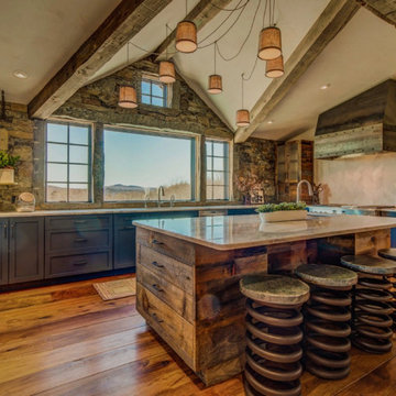 Character Hickory Plank Flooring, Kitchen with Stone Feature Wall