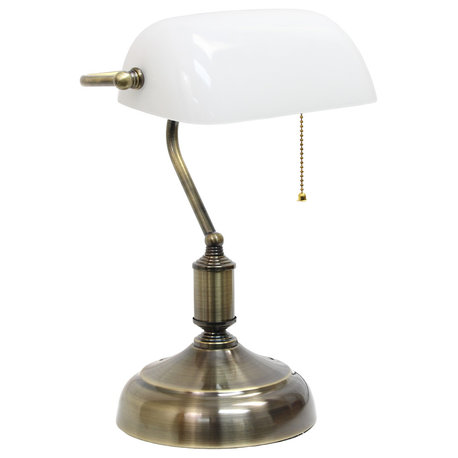 Simple Designs Executive Banker's Desk Lamp, Glass Shade, White, Antique Nickel