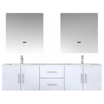 72" Double Bathroom Vanity, Wall Mount, White, Marble Top, Mirror