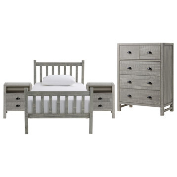 Windsor 4-Piece Wood Bedroom Set With Slat, Driftwood Gray, Twin