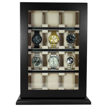 12 Piece Black Ebony Wood Watch Wall Hanging Display Case and Storage Organizer
