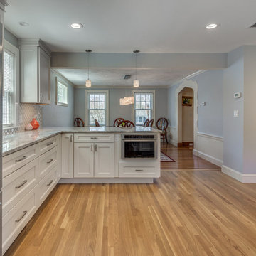 Super White Quartzite Transitional Kitchen in Belmont, MA