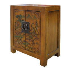 Distressed Yellow Lacquer Color Scenery Graphic End Table Nightstand - Nightstands And Bedside Tables
