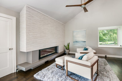 Imagen de sala de estar minimalista de tamaño medio con paredes grises, suelo de madera en tonos medios, marco de chimenea de hormigón y suelo marrón