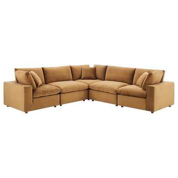 Modway Commix 5-Piece Performance Velvet Fabric Sectional Sofa in Cognac Brown