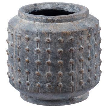 Benzara BM286298 8" Ceramic Planter, Round Curved Bubbled Texture, Gray Finish