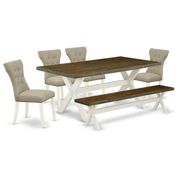 East West Furniture X-Style 6-piece Wood Dining Table Set in Linen White/Doeskin