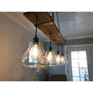 Farmhouse Dining Room Chandelier With Iron Brackets and Glass Pendants, 4 Light