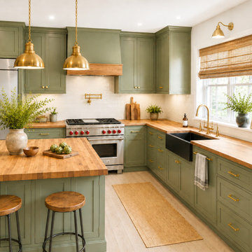 Warm Modern Farmhouse Kitchen with Olive Green Cabinetry