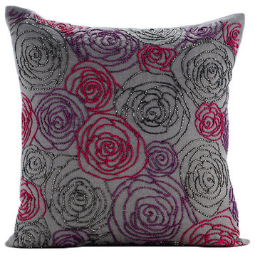 Grey Accent Pillow Covers Cotton Linen 20"x20" Rose Art Deco, Rose Diva