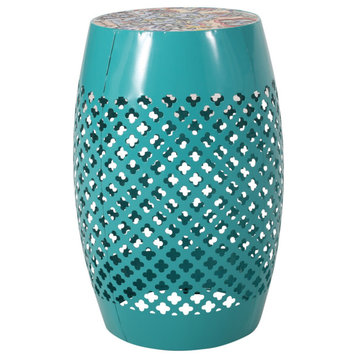 Khari Indoor Lace Cut Side Table With Tile Top, Teal/Multi-Color