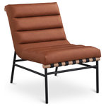 Meridian Furniture - Burke Upholstered Accent Chair, Cognac, Vegan Leather, White Oak - Keep it casual with this Burke vegan leather accent chair. This eye-grabbing chair has an uber laid-back vibe with its armless design and slightly reclined back. Soft cognac vegan leather feels great against the skin and provides the look of leather without the expense. An overstuffed, channel-tufted seat and back cushion make it super comfy and ready for evenings spent relaxing and taking it easy. An all-metal frame provides support for durable use, and a white oak veneer metal dowel provides interesting contrast to draw the eye instantly from all angles.