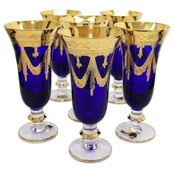 Interglass Italy Set of 6 Crystal Glasses, Gold-Plated (Champagne Flutes, Blue)