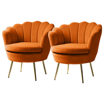 Velvet Accent Barrel Chair With Scalloped Seashell Edges Set of 2, Orange