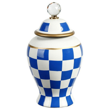 Mark Roberts Spring 2022 Checkered Urn with Lid, Small, 11.5", Blue