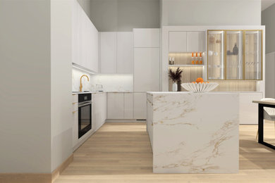 Inspiration for a modern l-shaped light wood floor eat-in kitchen remodel in New York with flat-panel cabinets, an island, an undermount sink, white cabinets, quartz countertops, multicolored backsplash, porcelain backsplash, paneled appliances and multicolored countertops