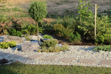 Идея дизайна: солнечный, летний регулярный сад среднего размера на внутреннем дворе в современном стиле с садовой дорожкой или калиткой, хорошей освещенностью и покрытием из гравия