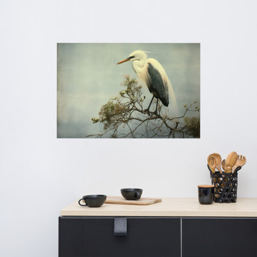 Heron Print: Coastal Solitude Egret Retro Subdued Photorealism - Digital Artwork