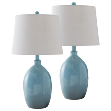Blue With White Fabric Shade Contemporary Table Lamps, Set of 2