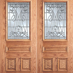 Vase with Flowers Design Glass, 3-Panel 1/2 Lite Exterior Double Door - Front Doors
