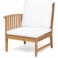 Maud Outdoor 5 Seater Acacia Wood Sofa Sectional Set, Brown Patina, White