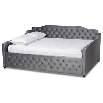 Baxton Studio Freda Gray Velvet and Button Tufted Queen Size Wood Daybed