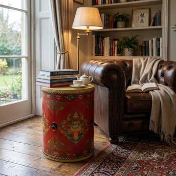 Distressed Red Lotus Tibetan Style Jewel Tower Graphic Round Drum Table ws4984