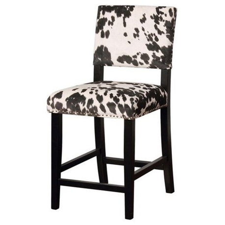 Linon Corey 24" Cow Print Counter Stool with Silver Nailheads in Black Wood