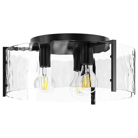 Modern Black Metal Flush Mount Ceiling Light with Curved Water Glass Panels