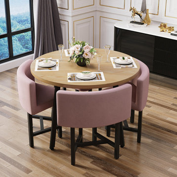 40" Round Wooden 4 Seater Dining Table Set Upholstered Chairs for Nook Balcony, Pink