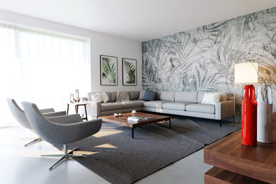 Mid-sized modern open concept living room with white walls, concrete floors, a built-in media wall and grey floor.