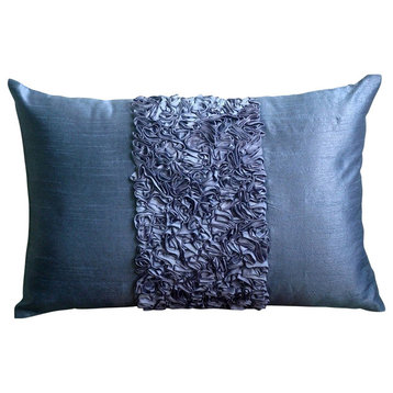 Textured Ribbon Blue Art Silk 12"x16" Lumbar Pillow Cover, Blue Love