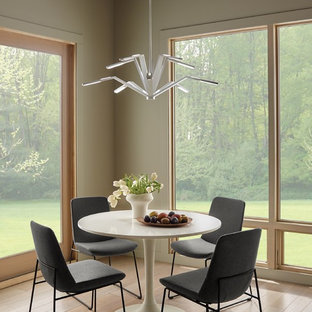 Kleines, Geschlossenes Modernes Esszimmer ohne Kamin mit hellem Holzboden und grauer Wandfarbe in Ottawa