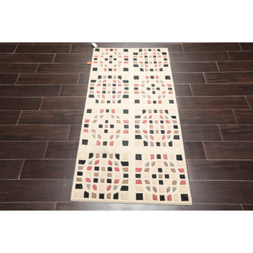 2'7''x5' Hand Knotted Wool Graphic Oriental Area Rug Cream, Brown